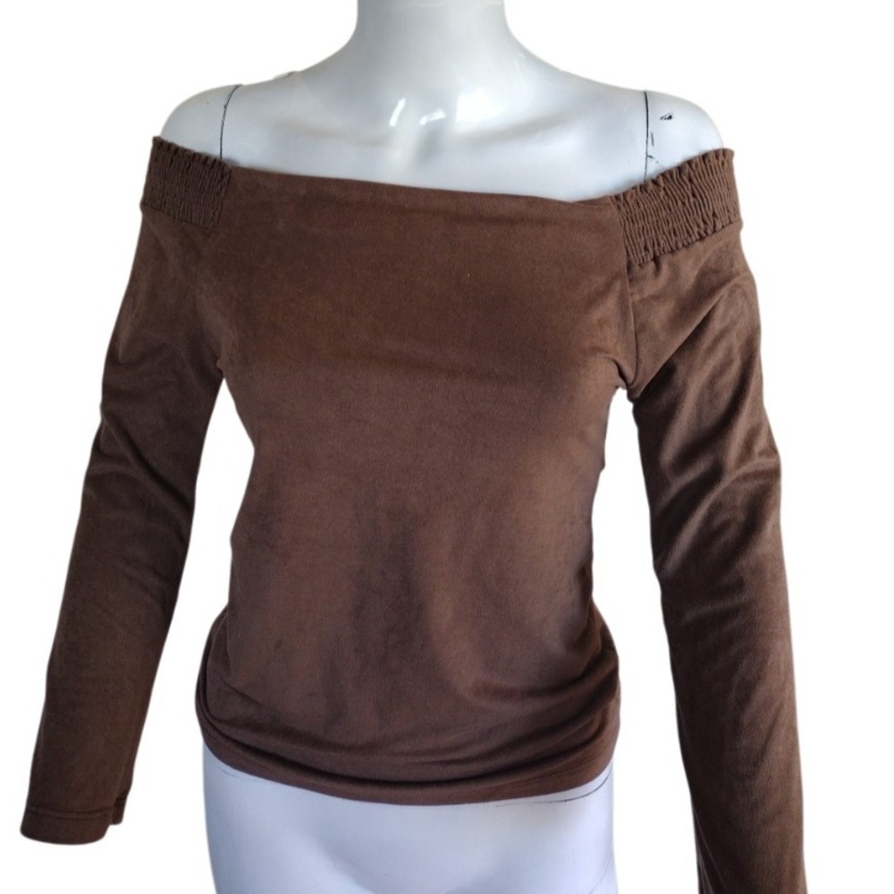 Unbranded Blouse Woman S Brown Faux Suede Off The Shoulder Smoked Long Sleeves